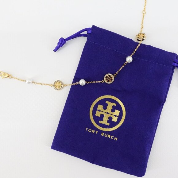 Tory Burch Crystal Logo & Imitation Pearl Station Bracelet Ivory/Tory Gold OS - Picture 4 of 16